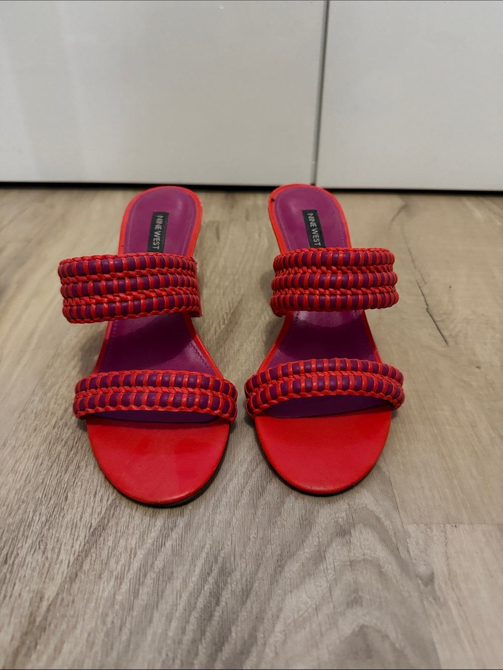 Nine West Red Braided Double-Strap Slide Sandals with Purple Insole